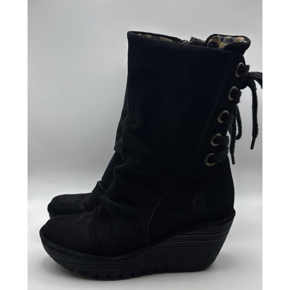 Fly London Yada Boots Women's 35 6 Black Suede Platform Wedge Lace Up Mid Calf